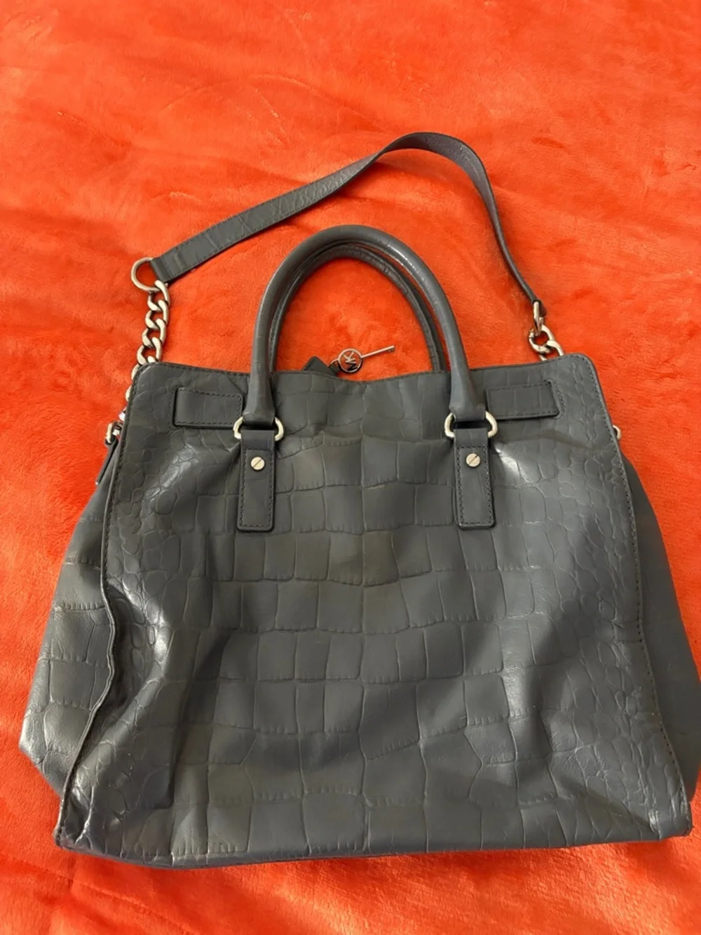 Michael Kors Dark Gray Croc-Embossed Leather Satchel with Gold Hardware - Picture 4 of 4